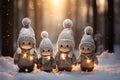 Funny dwarf family on a winter forest background