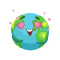 Funny Earth planet character with pink heart shaped eyes, cute globe with smiley face and hands vector Illustration