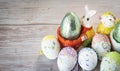 Funny Easter background with bunny, sheep and Easter eggs. Letter of wishes for Easter. With cospyspaces Royalty Free Stock Photo
