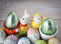 Funny Easter background with bunny, sheep and Easter eggs. Letter of wishes for Easter. With cospyspaces Royalty Free Stock Photo