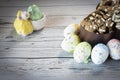 Funny Easter background with bunny, sheep and Easter eggs. Letter of wishes for Easter. With cospyspaces Royalty Free Stock Photo