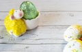 Funny Easter background with bunny, sheep and Easter eggs. Letter of wishes for Easter. With cospyspaces Royalty Free Stock Photo