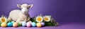 Funny Easter banner with live sheep, Easter colorful eggs and flowers on a blue background with copy space Royalty Free Stock Photo