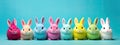 Funny Easter Bunnies On Blue Background. Colorful Holidays Banner
