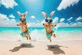 Funny Easter bunnies jumping ans dancing on the sand beach with blue sky. AI Generated Royalty Free Stock Photo