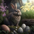 Sweet Easter bunny pet in garden with decorated eggs