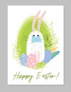 Funny easter bunny in a medical mask on the background of the egg, with leaves and easter eggs
