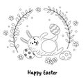 Funny Easter bunny and painted eggs in hand-drawn style. Black and white vector illustration.