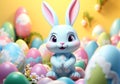 Funny easter card with rabbit and eggs for illustrations for children or other uses. Easter time. AI generated