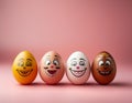 Funny Easter eggs with facial expressions. Eggs with different faces on pink background Royalty Free Stock Photo