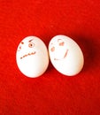 Funny easter emotion eggs on red, love happy eggs couple