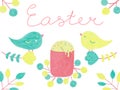 Funny easter illustration with cute birds and spring twigs. For design on postcards, prints, clothes, digital paper and textiles