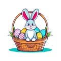 Funny Easter Rabbit in the Basket Isolated on white. Wicker basket of colorful eggs and cute bunny Royalty Free Stock Photo