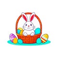 Funny Easter Rabbit in the Basket Isolated on white. Wicker basket of colorful eggs and cute white bunny Royalty Free Stock Photo