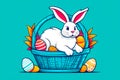 Funny Easter Rabbit in the Basket, Isolated. Wicker basket of colorful eggs and cute white bunny Royalty Free Stock Photo