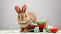 Funny Easter rabbit with a wheelbarrow and an East