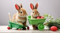 Funny Easter rabbit with a wheelbarrow and an East