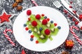 Funny edible kiwi pomegranate Christmas tree, beautiful New Year background