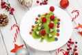 Funny edible kiwi pomegranate Christmas tree, beautiful New Year background