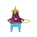 Funny eggplant spinning the hula hoop, sportive vegetable cartoon character doing fitness exercise vector Illustration