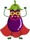 Funny eggplant mascot in traditional costume of superhero