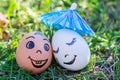 Funny eggs imitating happy mixed couple under umbrella Royalty Free Stock Photo