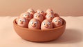 Funny eggs with smiles in a plate in the kitchen on the table