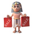 Funny Egyptian pharoaoh Tutankhamen with shopping bags, 3d illustration