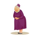 Funny elderly lady with glasses. Grandmother standing with folded hands. Festively dressed old woman in a hat. Colorful cartoon v