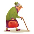 Funny elderly lady with glasses. Grandmother with stick and a ba