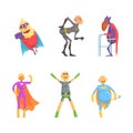 Funny Elderly Man Superhero Wearing Suit and Cape Vector Set