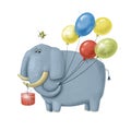 Funny elephant with air balloons, holiday illustration, birthday watercolor clipart