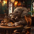 funny elephant busily drinks coffee with croissants