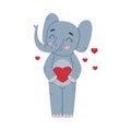 Funny Elephant with Large Ear Flaps and Trunk Holding Red Heart and Smiling Vector Illustration Royalty Free Stock Photo