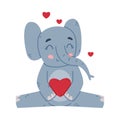 Funny Elephant with Large Ear Flaps and Trunk Holding Red Heart and Smiling Vector Illustration Royalty Free Stock Photo