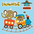 Funny animals cartoon on steam train