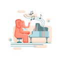 A funny elephant sits on a chair and plays the grand piano