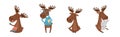 Funny Elk or Moose with Antlers and Hooves Vector Set