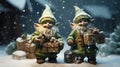 Funny elves carrying gifts on Christmas night, helpers of Santa Claus in winter, bearded characters on snow background. Concept of Royalty Free Stock Photo