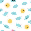 Funny emoji clouds and sun. Vector Seamless pattern