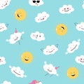 Funny emoji clouds and sun. Vector Seamless pattern Royalty Free Stock Photo