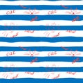 Funny endless pattern with hand-drawn cat faces and meow lettering. White and blue stripes. Tile for printing on fabric