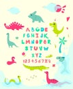 Funny english alphabet with cute dinosaurs. Educational poster for children. Various different dino babies snakes