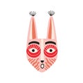 Funny ethnic Indian tribal mask with long ears and open mouth expressing surprise. Pink ancient ritual symbol or