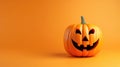 Funny evil pumpkin smiling on orange background