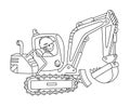 Funny excavator with a driver. Coloring book