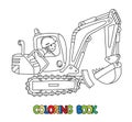 Funny excavator with a driver. Coloring book