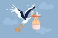 Funny Exhausted Stork Carrying Triplets Vector Cartoon Royalty Free Stock Photo