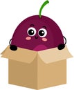 Funny exotic passion fruit mascot in cardboard box