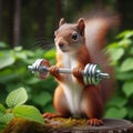 Portrait squirrel lifting barbells in nature